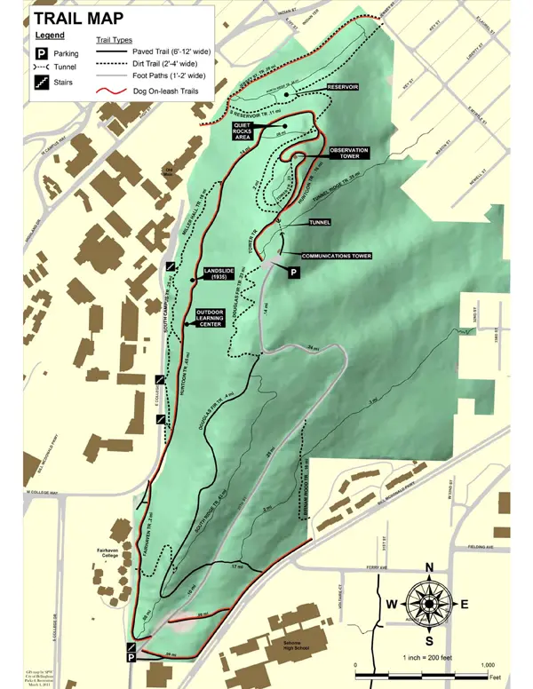 Sehome Hill Map attractions are on the paved Huntoon trail from entrances along East College Way.